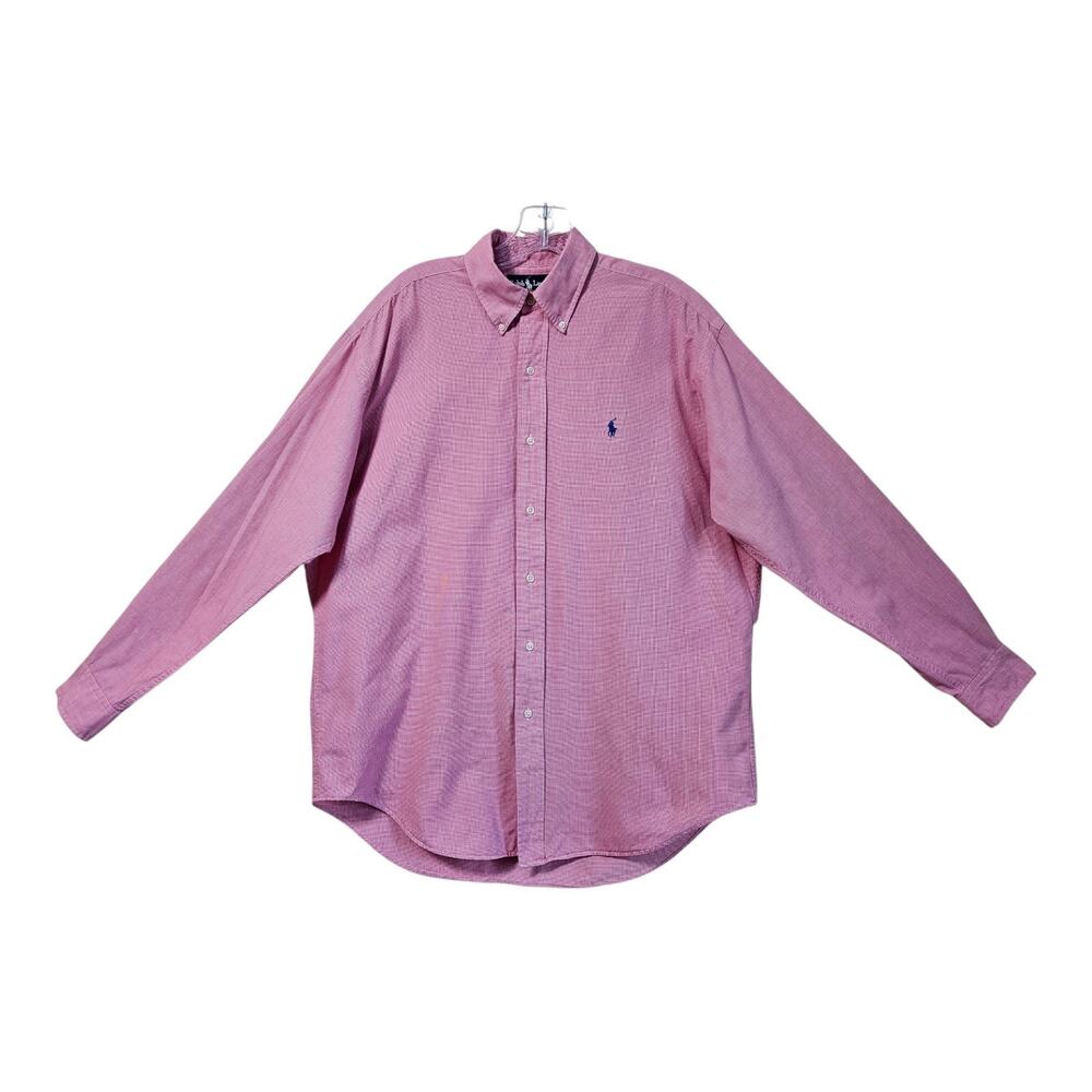 RALPH LAUREN Men M Blaire Shirt Button Down Pink White Micro Check Pony Logo 48"